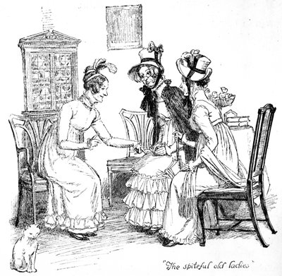 ジェーン・オースティンの「プライドと偏見」のイラスト、「意地悪な老婦人」、1894年に出版された版 作： Hugh Thomson
